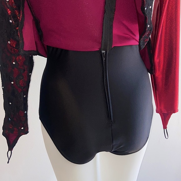 Romantic Gothic Black Lace & Diamond Detailed Deep Red Bodysuit Dress - Picture 12 of 12